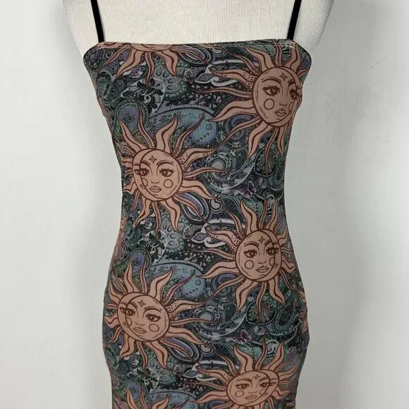 Women's Y2K Aesthetic Boho Maxi Dress Sun Pattern Festival Summer Size Small - Picture 2 of 4